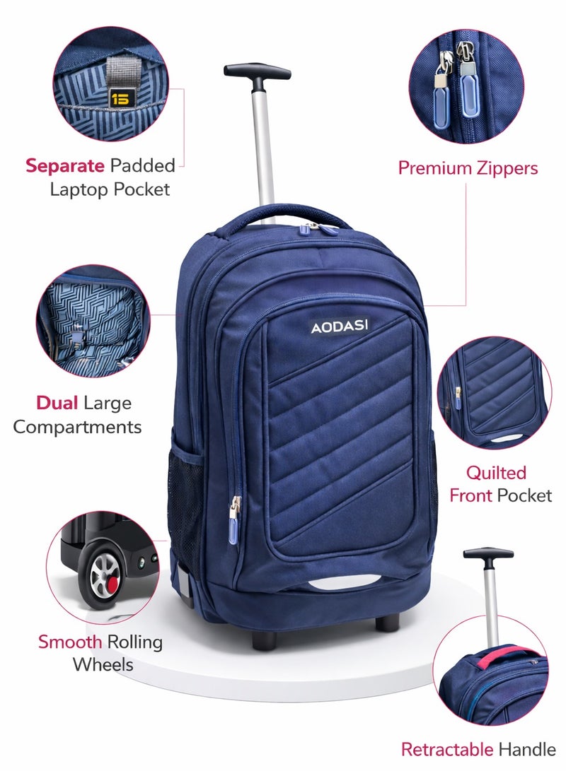 AODASI Premium School Trolley Backpack with Wheels & Retractable Handle â€“ Large Capacity, Laptop Compartment, Durable & Lightweight â€“ Navy Blue - Image 5